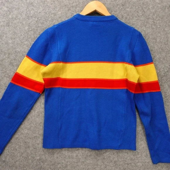 Vintage Ski Sweater Womens L Blue Yellow Red Colorblock Stripe 70s OSSI Slim Fit - Picture 2 of 12